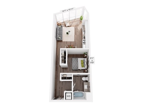 Floor plan for studio, 1 bath, 647 sqft